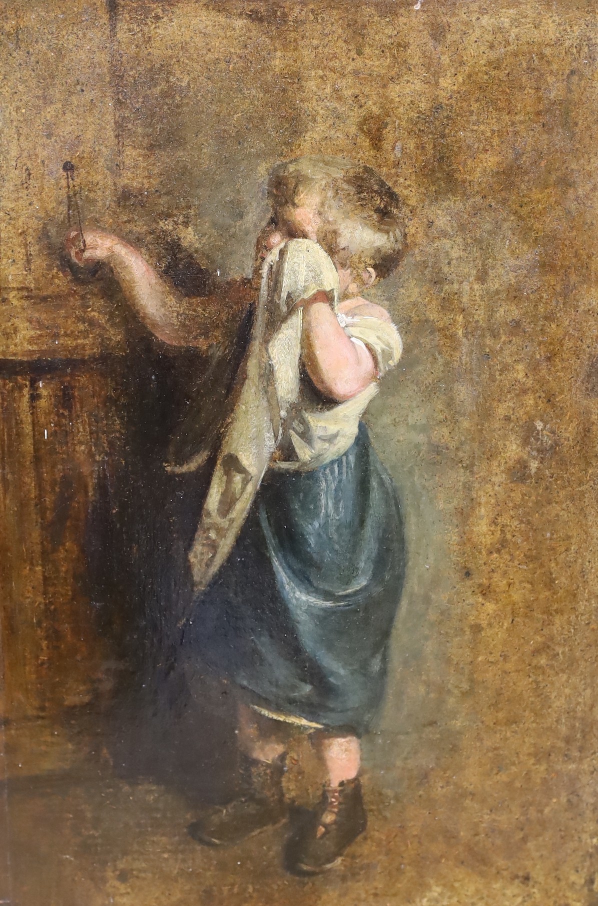 19th century English School, oil on mahogany panel, Study of a crying child, label remnant verso, 30 x 20cm, unframed